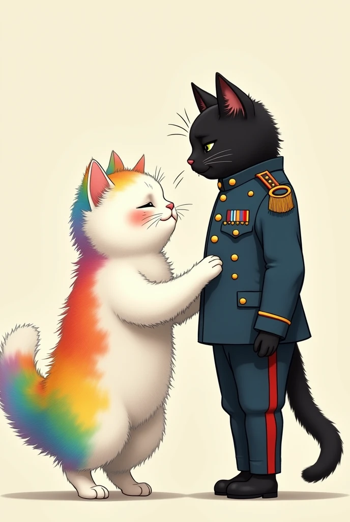 Image 11**: The rainbow-colored white furry cat is wearing one piece giving the long height black cat wearing a army dress a flying kiss as he walks away. She has a tear rolling down her cheek, but she also has a small smile, showing she's happy for him real qusly image generator.