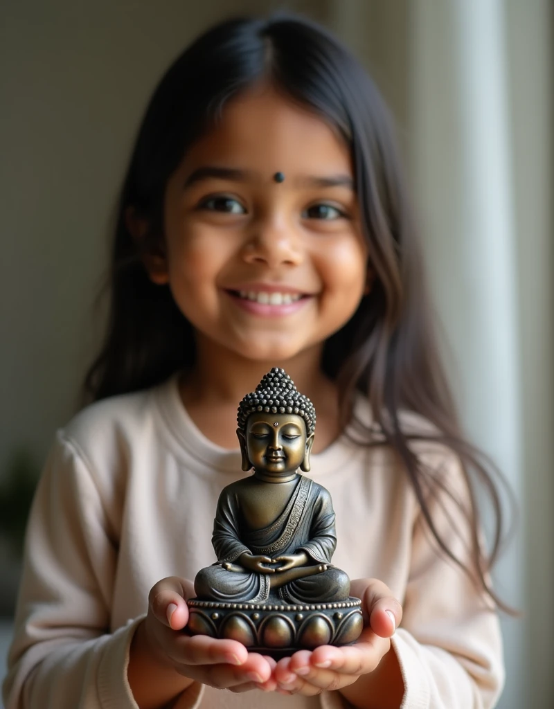 a young Indian girl holding a small Budda statue in her hand, smiling happily, professional photography