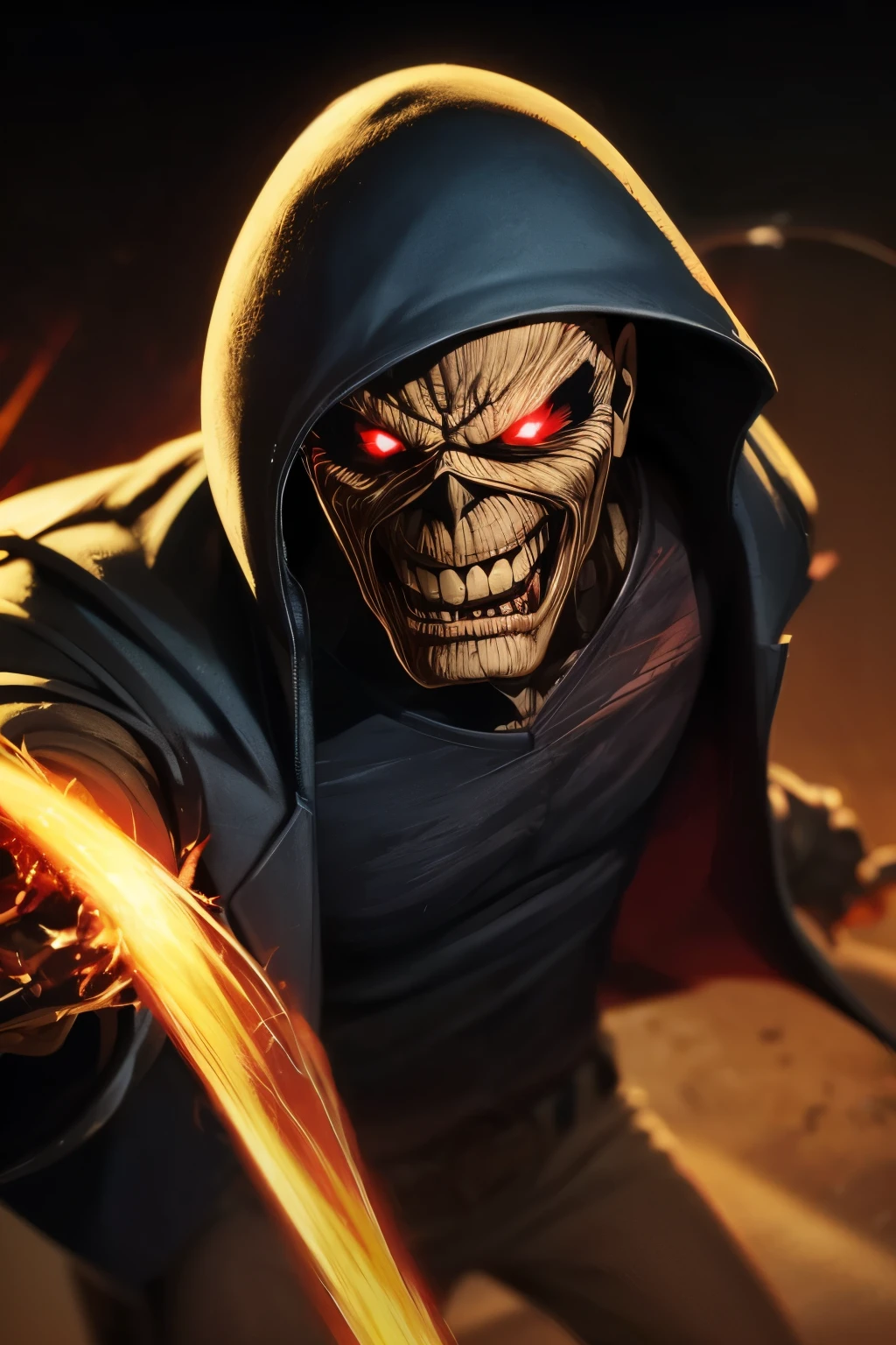 Eddie, the Iron Maiden mascot, with long flowing hair and a black jacket, standing in a powerful stance. His eyes glowing with intensity, reflecting his dark, rebellious spirit. His face is skeletal yet detailed with realistic textures, showcasing his iconic menacing grin. The background is a stormy night, with lightning illuminating the scene, adding a dramatic effect. Realistic skin textures and clothing details, capturing the essence of Eddie in a modern, lifelike illustration. natural light, 35mm photograph, film, professional, 4k, highly detailed, Golden hour lighting. Depth of field F2. Rule of Thirds Composition.
