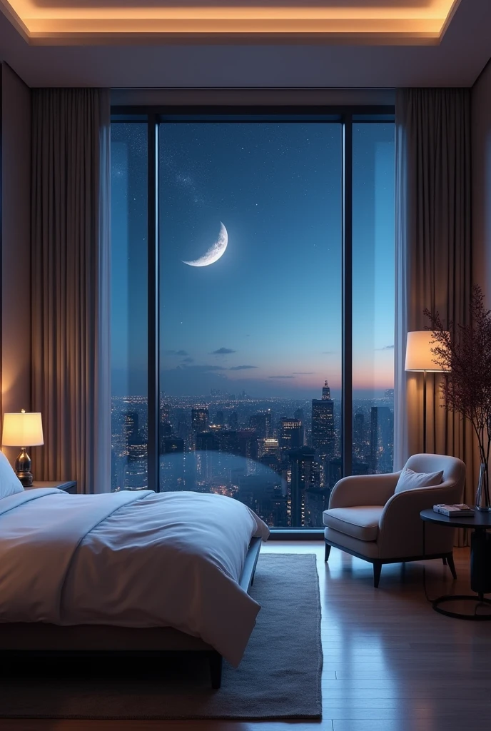 A luxury hotel room、King-size bed with premium linens、Luxury bedroom、Modern bedside lamp、The large windows offer a view of the crescent moon.、There is an armchair and a coffee table near the window.。