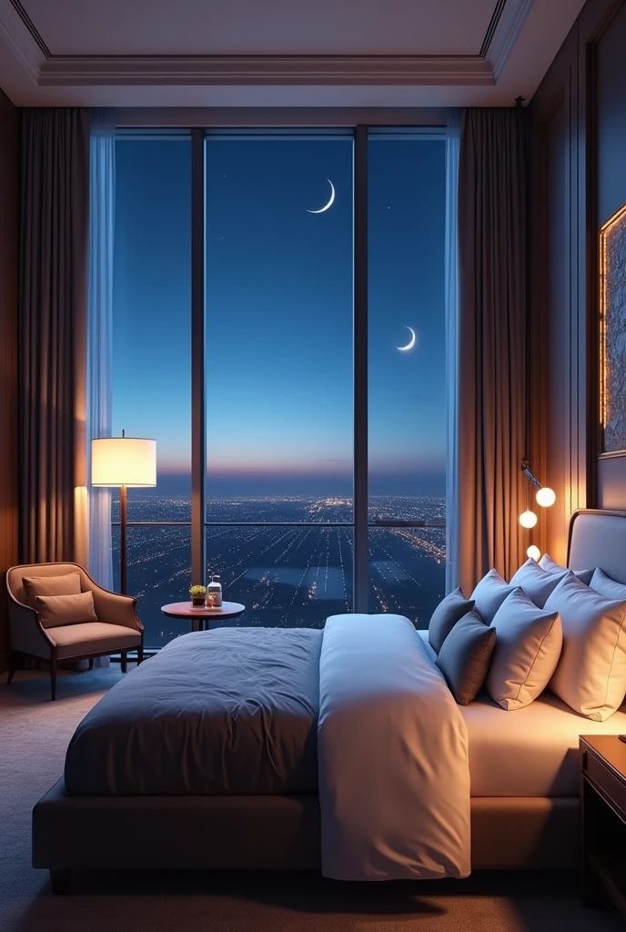 A luxury hotel room、King-size bed with premium linens、Luxury bedroom、Modern bedside lamp、The large windows offer a view of the crescent moon.、There is an armchair and a coffee table near the window.。