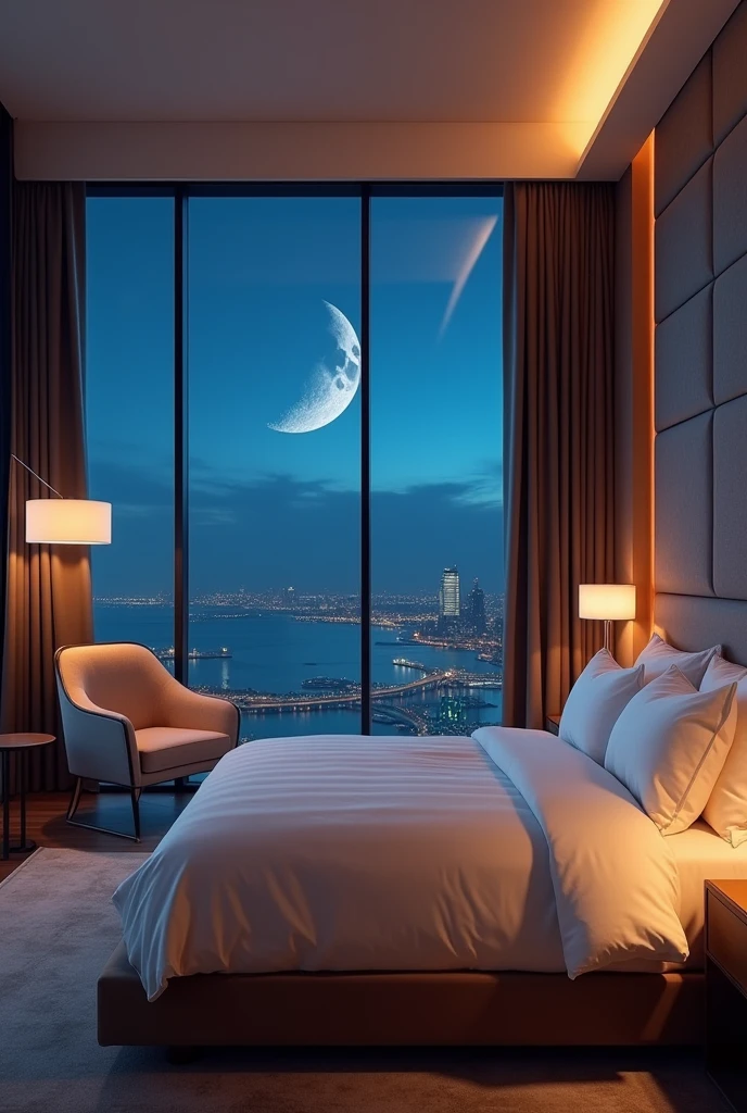 A luxury hotel room、King-size bed with premium linens、Luxury bedroom、Modern bedside lamp、The large windows offer a view of the crescent moon.、There is an armchair and a coffee table near the window.。