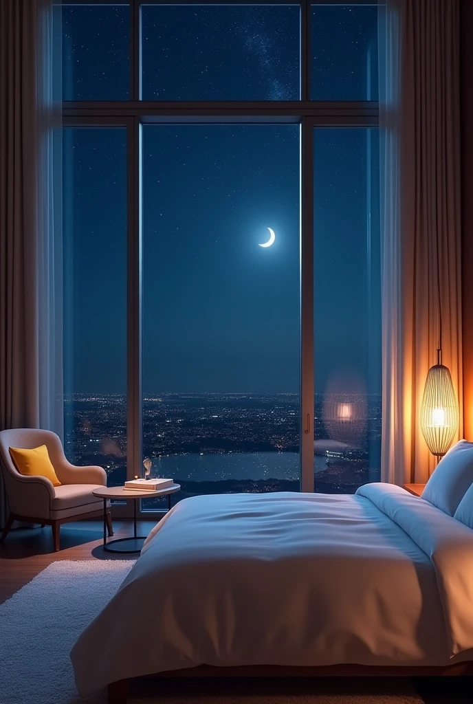 A luxury hotel room、King-size bed with premium linens、Luxury bedroom、Modern bedside lamp、The large windows offer a view of the crescent moon.、There is an armchair and a coffee table near the window.。