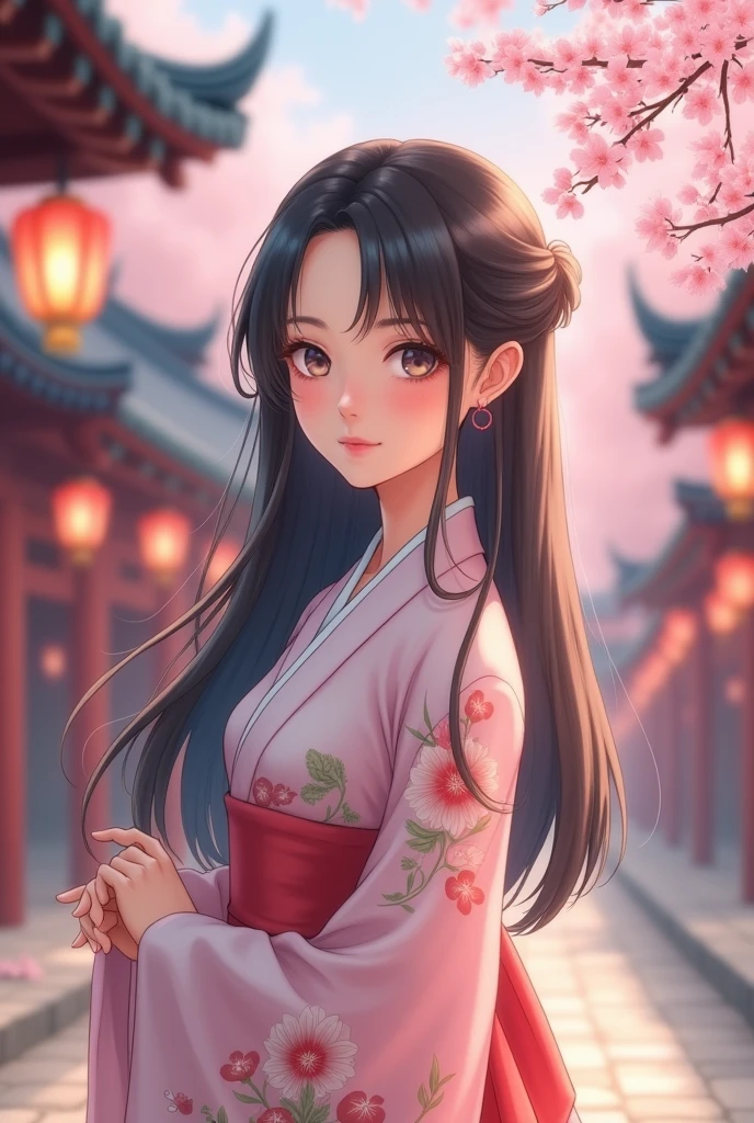 An 8K ultra high-definition cinematic rendering of a romantic anime-style medium shot of a girl with long, dark hair wearing a traditional Korean hanbok in soft pastel colors with delicate floral patterns. She has soft, expressive eyes and is standing in a dreamy, romantic setting with subtle symbols of Korean culture, such as a soft depiction of the roof of a traditional Korean palace, cherry blossoms, and soft lantern lights. The background is blurred and contains a soft depiction of the roof of a traditional Korean palace, cherry blossoms, and soft lantern lights.1 , Solo, Rubor, Olhando para o espectador, Cabelo preto, Alta resolução, Obra-prima, Preciso, Melhor qualidade, Detalhe, Modelo HD, Ultra HD, Cabelo comprido, Riso, Rubor, Envergonhado, 