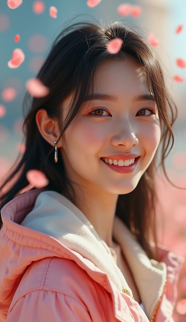 One person、High resolution、smile、High resolution、masterpiece、Anatomically correct、Person Portrait、backgroundのぼかし、Super Real Photo、High resolution、Dramatic image、Korean futuristic casual fashion、dynamic、The shot is taken from a slightly lower angle.、Capture the whole subject、
background:Fine and colorful petals、petals flying around