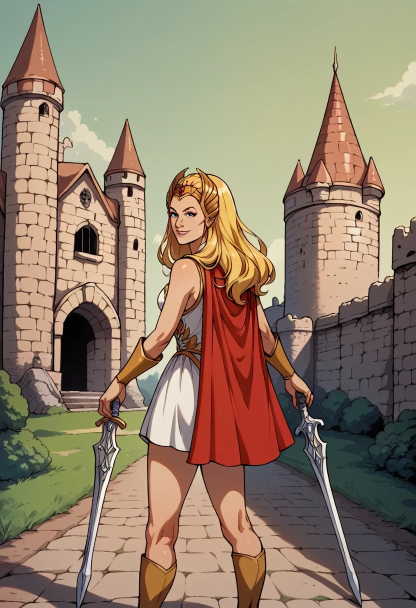 score_9, score_8_up, score_7_up, BREAK, score_9, smile, sh3ra, blonde hair, blue eyes, golden tiara, white dress, white skirt, golden armour, boots, red cape, broadsword, looking at viewer, cowboy shot, ass, from behind, medieval, castle