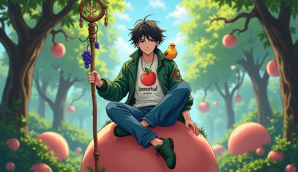 A male teenager, he has black hair and fair skin. In his left hand he is holding a wooden staff with grape vines attached to it and at the end of it is the symbol of the Tree of Life. He is wearing an ankh necklace. He is wearing a white shirt with a drawing of a peach and below it is written The Immortal. A green hydra leather jacket with the number 42 printed on it. Blue pants. Green shoes. He is sitting on a giant peach. On his shoulder, there is a phoenix inn. The place he is in is a forest full of peach trees. The image has to be in anime.