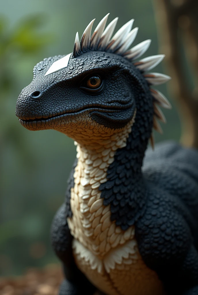 generate a velociraptor with a feather and fur that is color black on top, white color line on the middle that seperated the color light brown on its lower body colour, white eyelids that closed, white diamond on its forehead