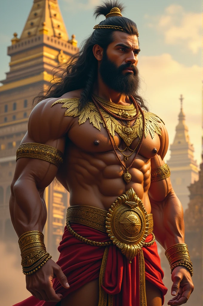 Hanuman god with muscle detailed with gold fort in background