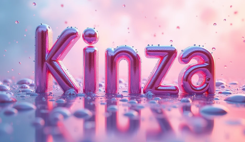 A captivating, high-resolution 3D rendering of a modern and innovative logo. The name "Kinza" is written in an eye-catching liquid-style font, with each letter appearing to drip and flow like water. The text is composed of a mesmerizing blend of pink hues shining, mimicking the depth and shimmer of water. Surrounding the logo, water droplets of varying sizes create a dynamic and refreshing effect, adding to the overall visual appeal. The sleek and contemporary design exudes a sense of sophistication and luxury., 3d render, product