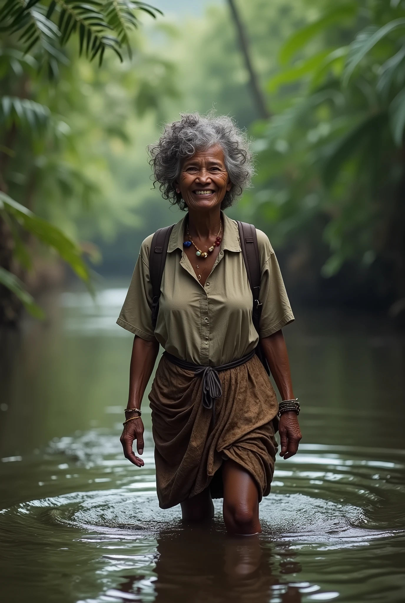Photorealism 1.4 realistic realism high detailed definition  Malaysia native aboriginal orang asli old women curly messy hair  crossing river river stream dark skin weaver backpack smile faces jungle big river wearing loose shirt accessories on hair flower wearing sarong
