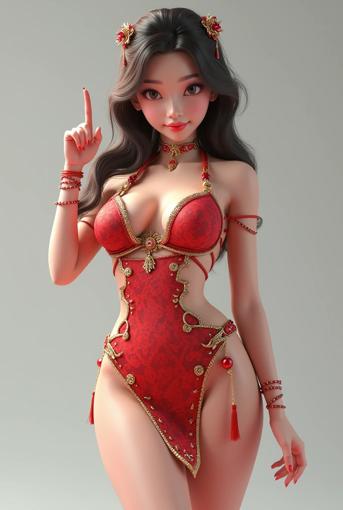 create beautiful chinese 3D girl with big chest and big hip wearing attractive hot dress pointing finger portrait full body