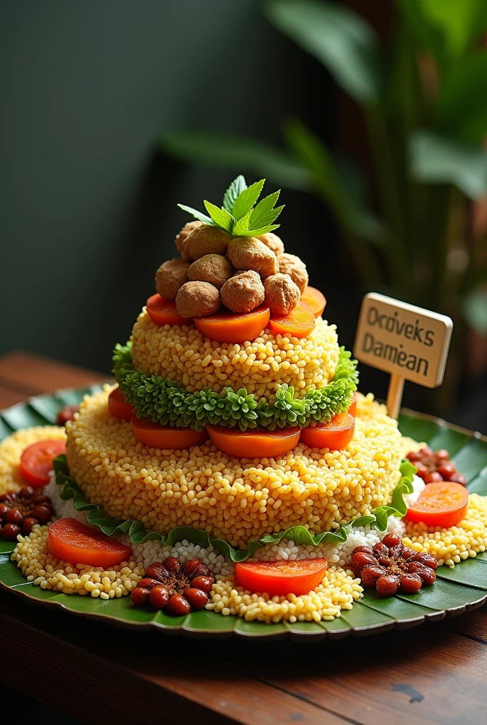 realistic photo of a large sized and terraced indonesian nasi tumpeng with banana leaf platting on its side, and a desk sign "DAMIAN"