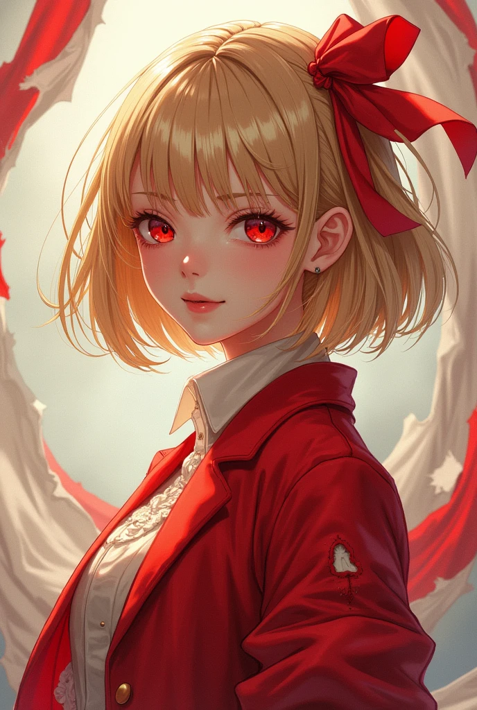 high quality, best quality, masterpiece, absurdres, red_jacket, ribbon, red_eyes, blond_hair, short_hair, hair_ribbon, smile, 1girl, torn clothes, cloth pieces,  