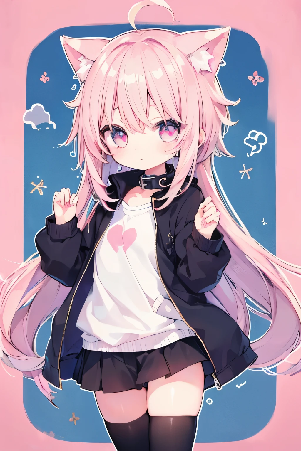 Light pink hair、Oversized jacket、hot pants、Putting on a collar、Elementary school girl、Very beautiful and Shining Eyes、Shining Eyes、1 person、Cat ear、(((((Small body)))))、heart❤、((Sweat、vapor))