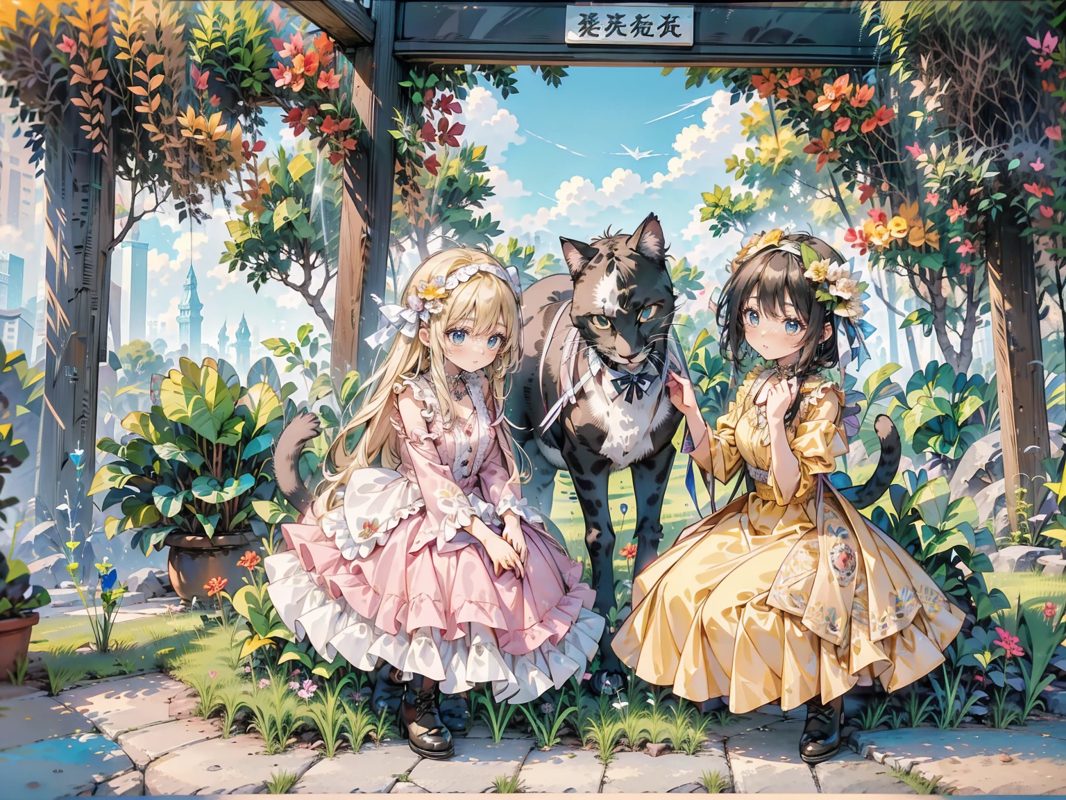 Anime Style、Storytelling、Very big cat、Petting a cat with your hand、Cat reaching out to girl、A girl with a fighting spirit and a cat、beautiful girl、とてもcute天使、Pink Gothic Dress、cute、Baby Face、smile、Long skirt、Black long boots、Very cute headband、
