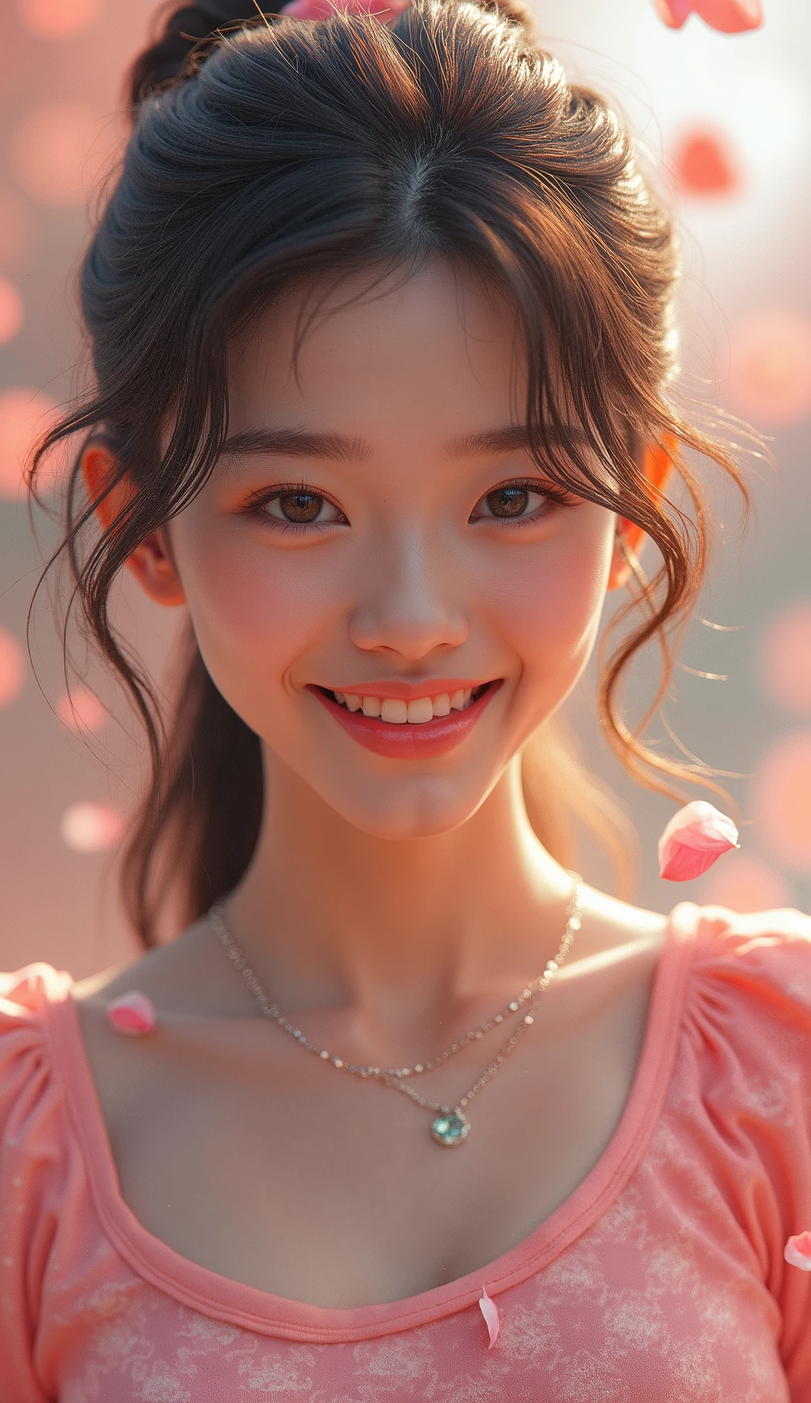 One person、High resolution、smile、High resolution、masterpiece、Anatomically correct、Person Portrait、backgroundのぼかし、Super Real Photo、High resolution、Dramatic image、Korean futuristic casual fashion、dynamic、The shot is taken from a slightly lower angle.、Capture the whole subject、
background:Fine and colorful petals、petals flying around