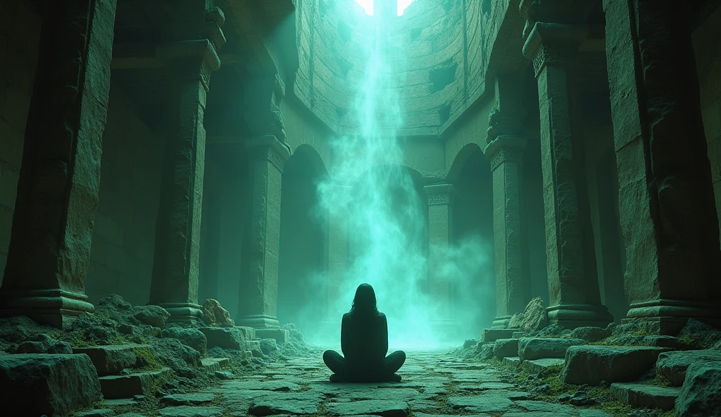 (ultra detailed), place: Ancient ruins video: The protagonist sits down in ancient ruins。A mysterious light shines into the ruins.、Fantastic atmosphere、The camera captures the protagonist from above at an angle.
