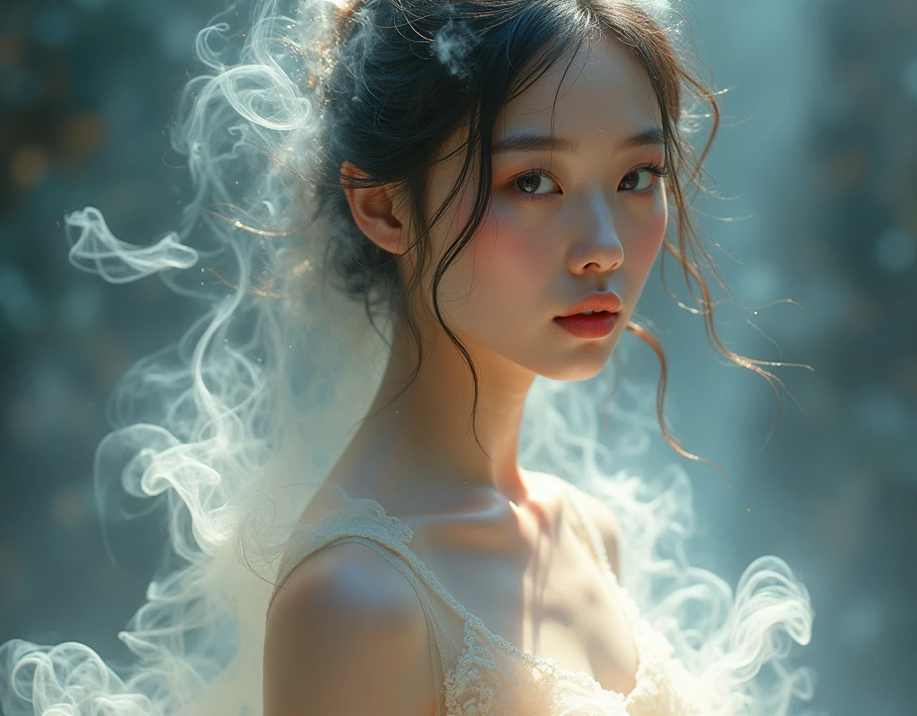 A painting of an Eastern woman made of smoke,Beauty, Clear skin texture,Sweaty body stockings,Beautiful posture,Ultra-high-resolution photos