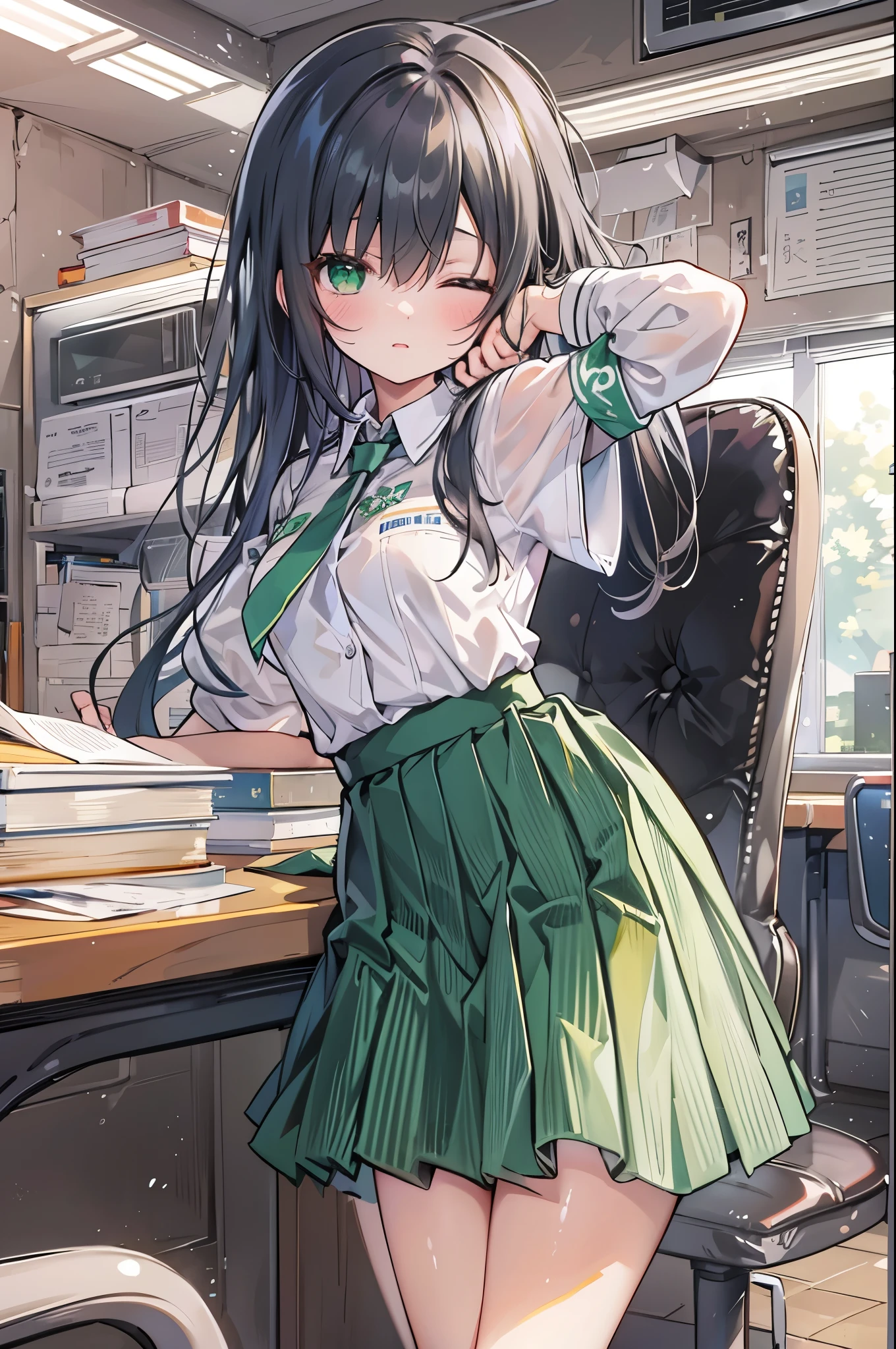 ((Highest quality, 8k, masterpiece: 1.3)), whole body,1 personの,1 person,,Glamorous Body,cute,Untidy look,Black Hair,Beautiful emerald green eyes,Long Hair,((Close your eyes)),((White short-sleeved blouse,tie)),((Green pleated mini skirt,loafers)),((In the classroom,Sit on a chair,Fold your arms and put your face down on the desk)),