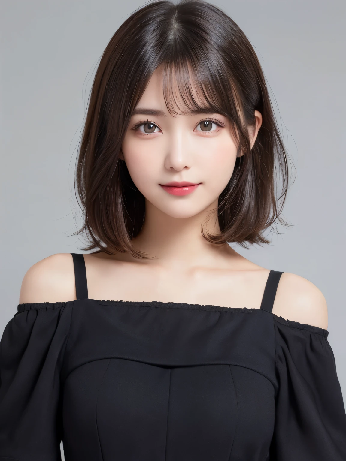 Silver Background, Full body portrait, Looks very happy, smile, One Girl, (Beautiful girl, Delicate girl:1.3), (20-year-old:1.3),  (black off shoulder dress), Very beautiful eyes, (Symmetrical eyes:1.3), C cup breasts, Brown eyes, Parted bangs, short hair, (Eye and facial details:1.0),  (masterpiece, Highest quality, Super detailed, Detailed face, 8k)