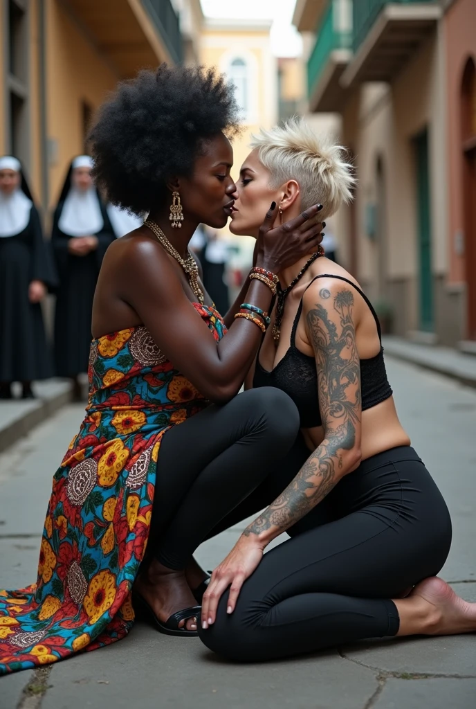 Black very old african woman in colourful traditional african clothes kisses agressively, manhandling, a white pale weak tattoed thin rocker woman in low rise skinny black leggings and push up black lace bra (with wide straps) , both squatting on a narrow street, nuns looking in the background 