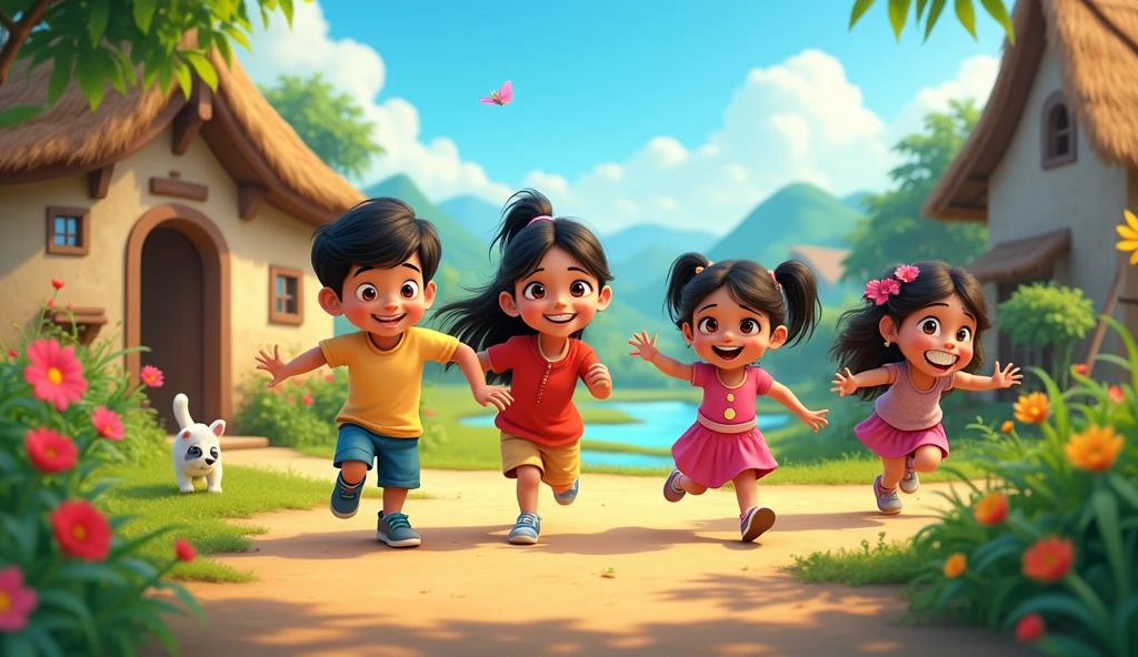  Generate an cinematic cartoon style " Four friends: Monu, Sonu, Reena, and Meena, playing together in the village.