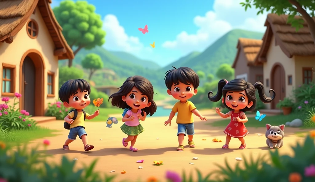 Generate an cinematic cartoon style " Four friends: Monu, Sonu, Reena, and Meena, playing together in the village.
