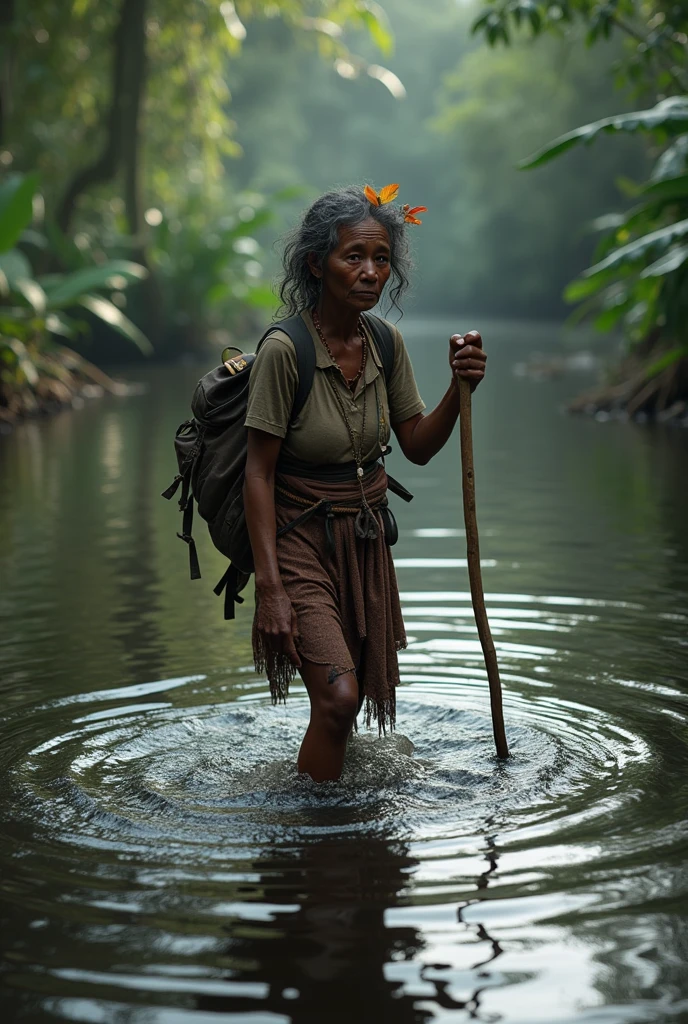 Photorealism 1.4 realistic realism high detailed definition Malaysia native aboriginal orang asli old women curly messy hair crossing river river stream dark skin weaver backpack smile faces jungle big river wearing loose shirt accessories on hair flower wearing sarong hold stick