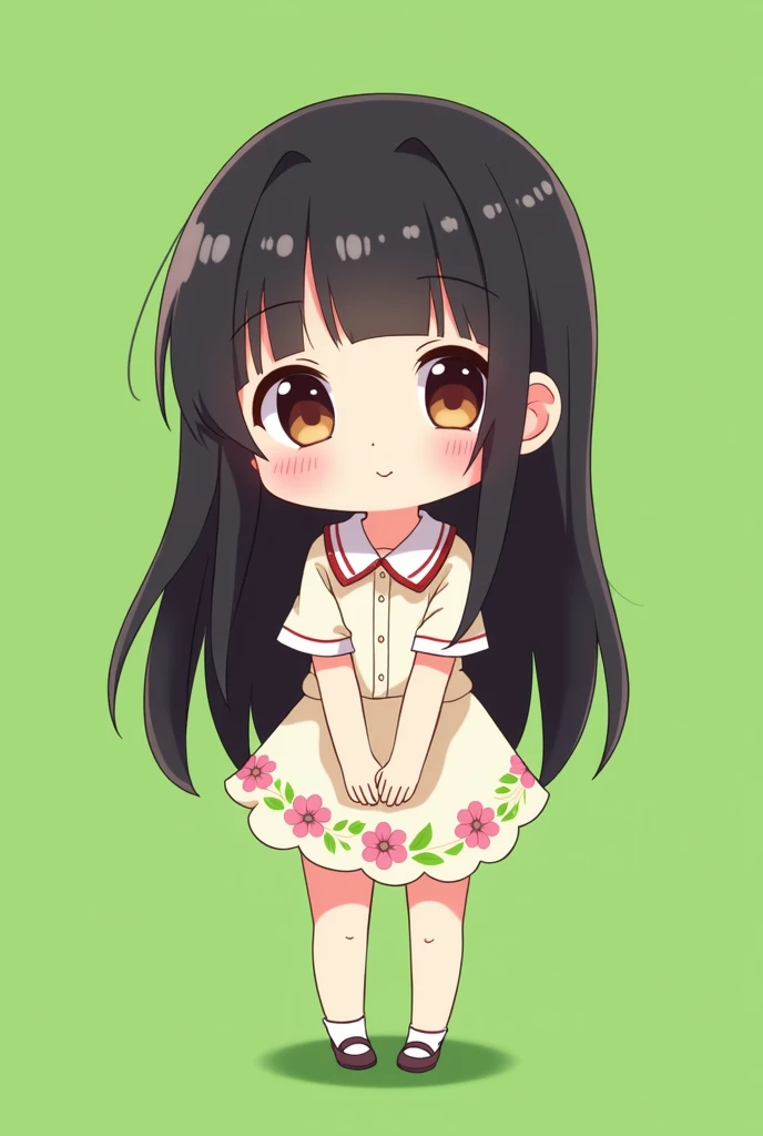 1girl,flower pattern , Neat clothes,black hair,brown eye,long hair,chibi,standing, put hands on body, full body,green background