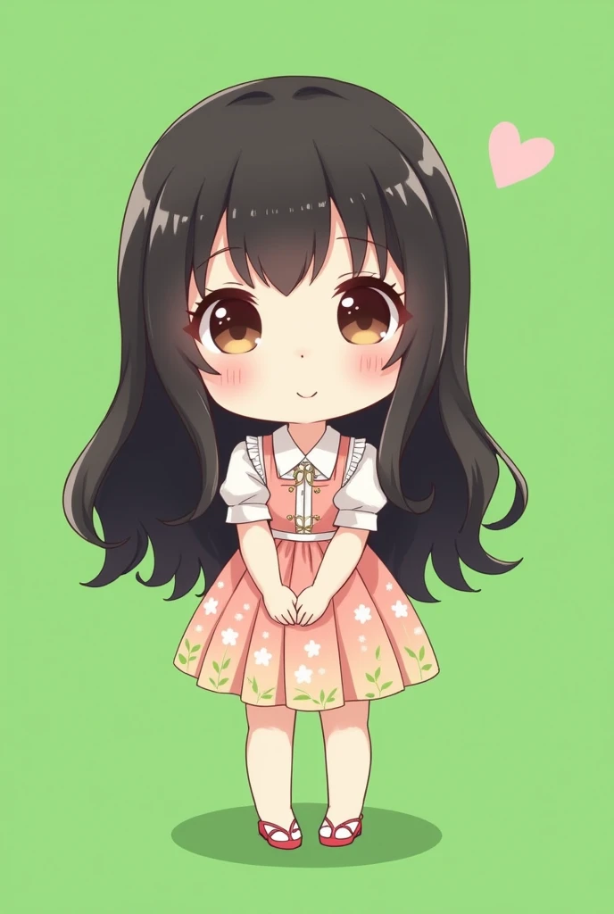 1girl,flower pattern , Neat clothes,black hair,brown eye,long hair,chibi,standing, put hands on body, full body,green background