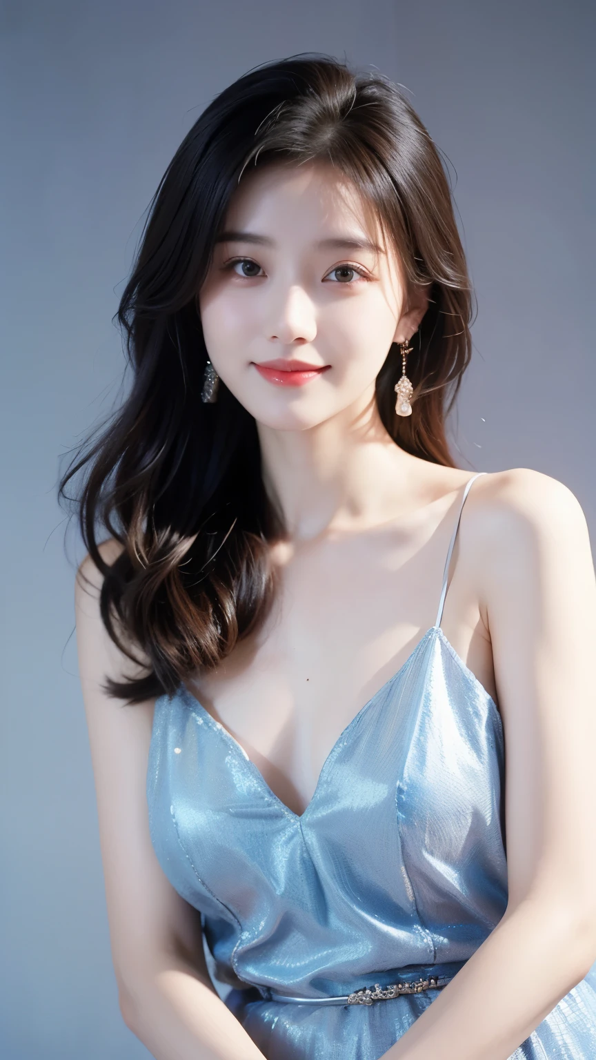 xingxiangzhao,(look at the viewer:2),1girl,blue dress,bare shoulders,earrings,gray background,long hair,sleeveless dress,rim light,moody lighting,smile,
