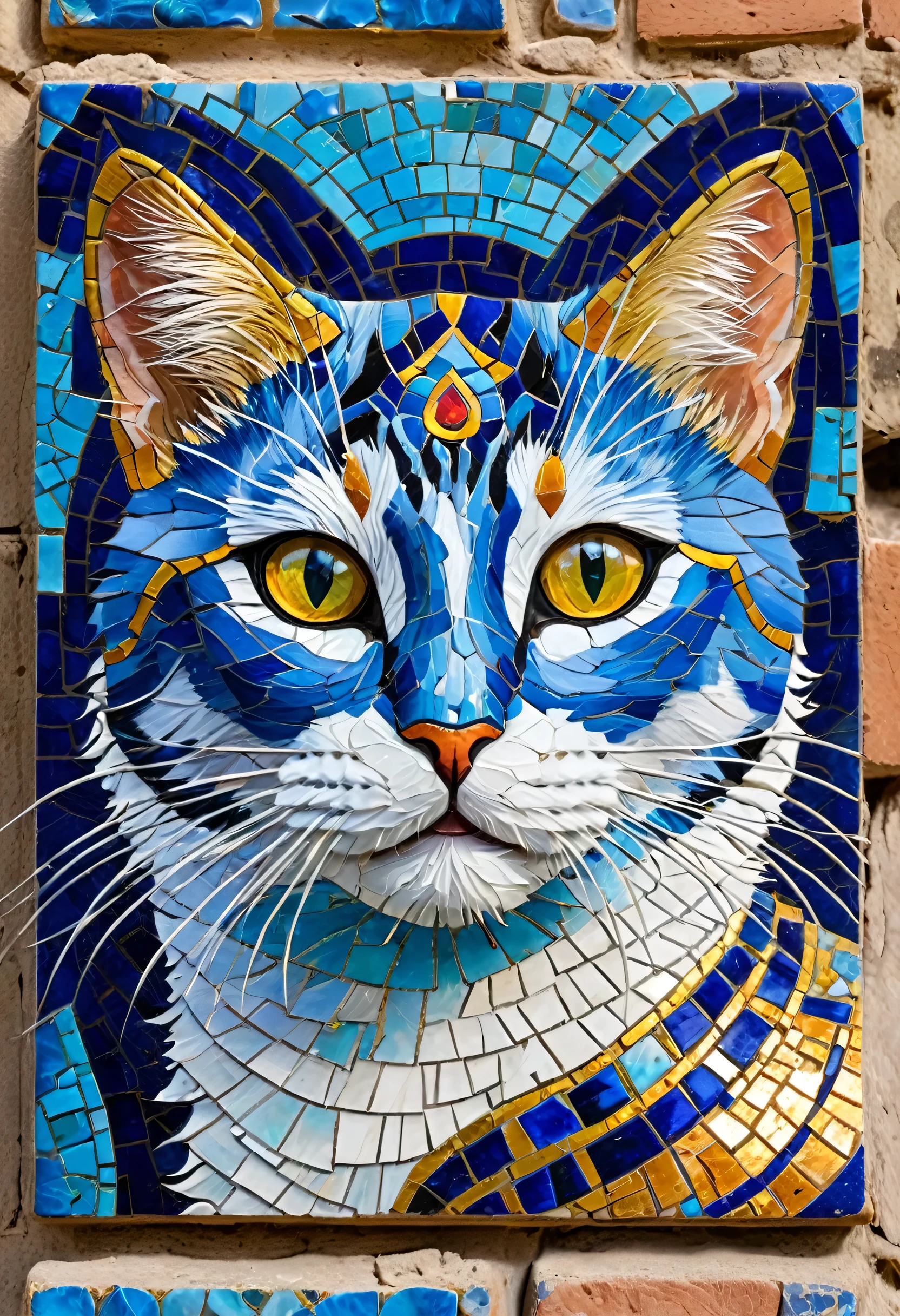 Close-up of a cat painting on a brick wall, Mosaics inspired by Kamal-ud-din Behzad, Flicker, cloisonne, Ishtar Gate, In major cities of Mesopotamia, Cities of ancient Persia, Mesopotamico, Ancient Mesopotamia, Sumerian goddess Inanna Ishtar, Assyria