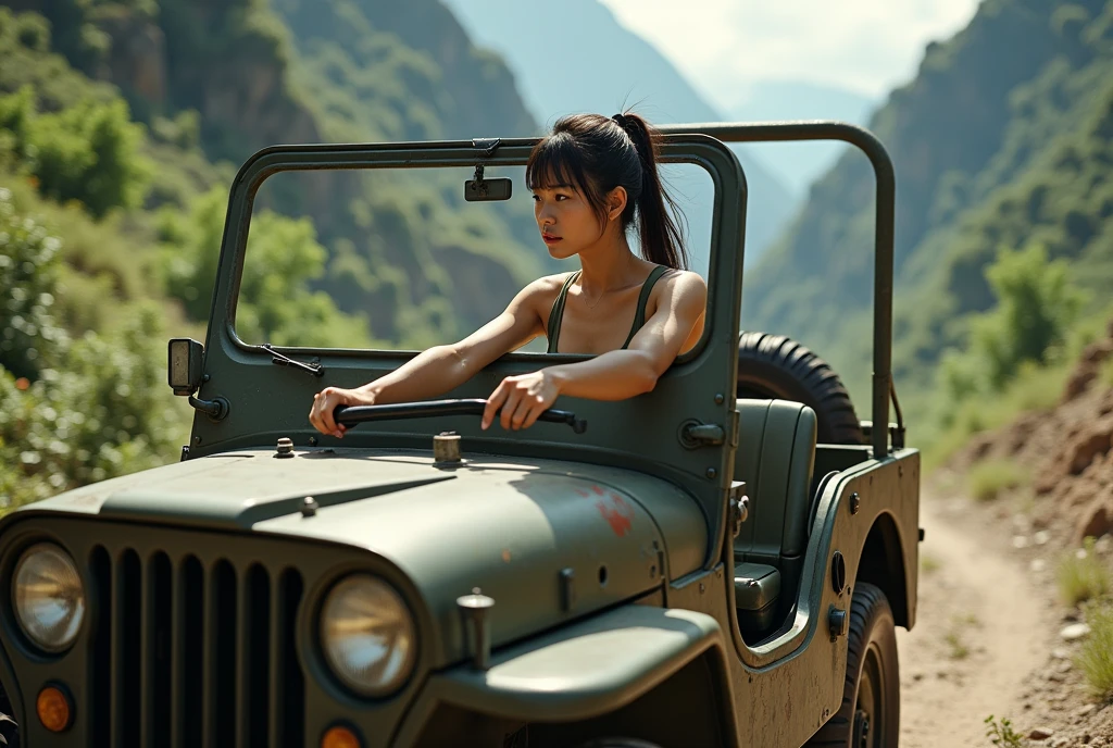 photograph, A Japanese woman driving an open-top military jeep through the wilderness, 2, ponytail, Olive drab tank top, High resolution, Anatomically correct, Highest quality, High detail, Very detailed, Textured skin,