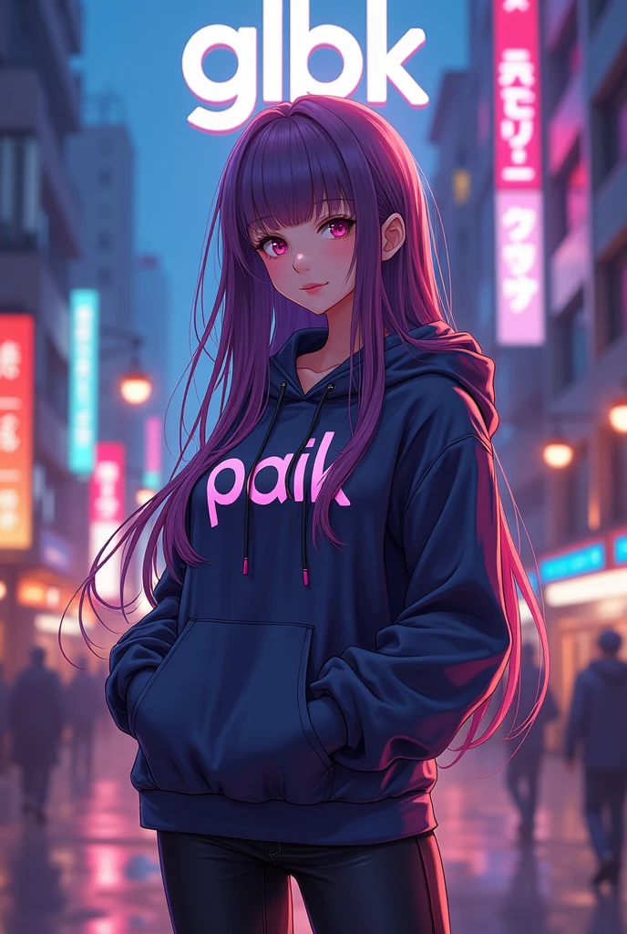 Create anime character;
{background: building capital HD text: “GLBK” in center-top, night}, tanned skin,
realistic, HDR, beautiful, japan style, full body, age 20, hoodie HD text: “Paik”, female, color Gradient hair, long hair, boobs size: F