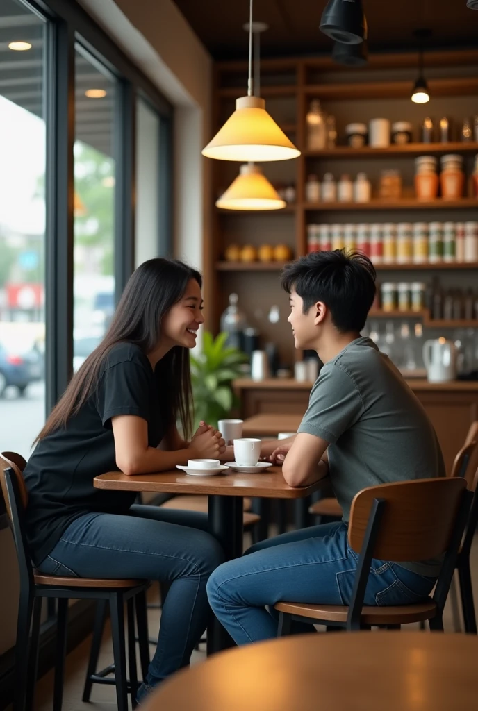 A boy age 40 Malaysian wear jeans and t-shirt dusky skin and he came to a coffee shop and there was a girl age 40 chubby Malaysian looks very modern she wears western dress looks very beautiful and active both of them were accidentally collided inside a coffee shop with full crowd and outside the weather was cloudy and drizzling. Looking at the camera