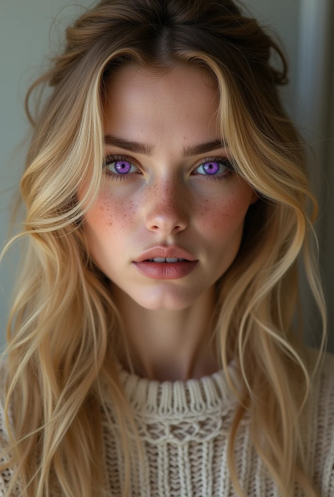 Beautiful woman with long curly blonde hair, purple eyes, long nose, freckles, wearing a wool t-shirt
