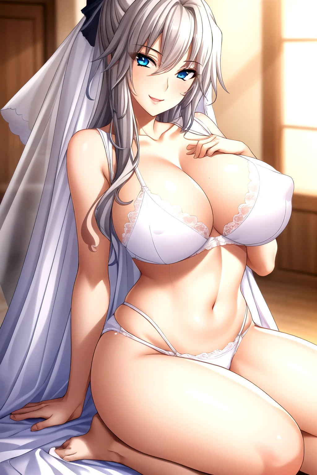 Wedding veil, white bra, white lace, white panty, bride, clavicle,1 Girl, only_Shoulder, Black_hair, blue_Eye, breast, 1 girl,comics,20 years old,Mature female,beautiful Finger,beautiful 长的 legs,beautiful body,beautiful Nose,beautiful character design, perfect Eye, perfect Face, Looking at the audience, Official Art,Extremely detailed CG unity 8k wallpaper, Perfect lighting,rich and colorful, bright_front_Face_light, (masterpiece:1.0),(the best_quality:1.0), 超high resolution,4K,Extremely detailed, photography, 8K, HDR, high resolution, absurd:1.2, Kodak Portra 400, Film Grain, Blurred background, Bokeh:1.2, lens flare, (Energetic_color:1.2) (beautiful_Face:1.5),(narrow_waist), slim body, smile, happy, full body