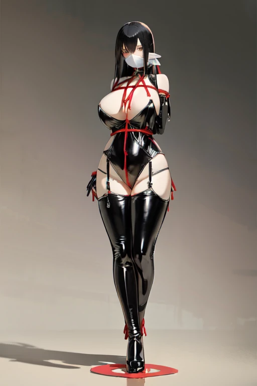 1girl, standing, looking the viewer, nsfw((masterpiece)), (gigantic breasts), OTN, b0nd4g3l4t3x, thighhighs, latex thighhighs, black latex leotard,zipper,shibari,red rope,shibari over clothesblack shiny, latex skin, beautiful adult woman, high elf, long hair, black hair, colored inner hair blue, amber eyes, thick thighs, big ass, (excessive breast expansion), busty, sharp focus, perfect body, huge , thick body, full body, extreme huge breast, huge lips extremely huge , hourglass body, latex.black.jumpsuit latex.jumpsuit, suit cover chest, Ultra Quality, Masterpiece, Ethereal,Ultra-Detailed,8K, inside spaceship background, serious expression, blush, divine presence, breathtaking beauty, vivid colors reflects, front view