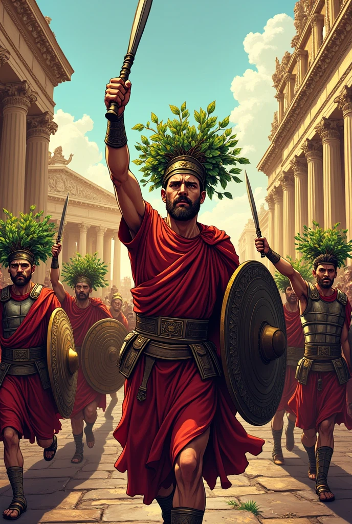 in ancient Rome, Roman people revolted, with branches on the head, in battle, image in comic book drawing