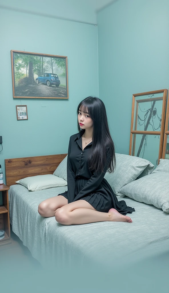 photorealistic image of a woman, ultrarealistic, photography, straight black hair, indonesian woman, small breasts, double eyelids, small messy bedroom, dark bedroom, black shirt and flair skirt, mid part hair, sexy body