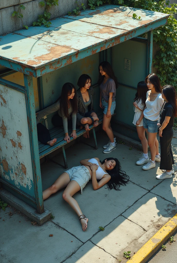 (An old and shabby bus stop).Korean woman.Korean girl group women.(A woman is lying on the floor of the bus stop.)Looking at women from above.