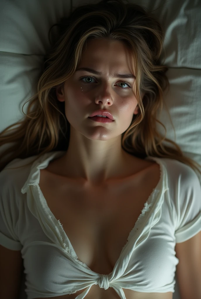 moaning in pain, Feel pain, Tears flow, it hurts, Crying in pain, Breast Botox, Princess lying on her back, Wet skin and hair, Hard chest, Dark blonde hair, Straight long hair,. (White shirt, Naked lower body, Torn, baju Torn di dada tengah, Not wearing panties, Clothes that cover the buttocks), European youth, Perfect body, Open (Perfect body, Too small), Photorealism Mode, High Resolution System Details, photograph, Sharpness, 850 4 unique, koda850k portrait camera, F1 Lens.6, Rich colors, Ultra-realistic texture, Amazing light texture, Surrealist art, Cinestil 800 mode mechanism, I'm scared and crying, In tears, Follow the pain, moaning in pain,