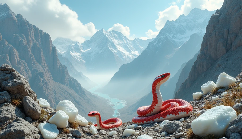 There is white jade ore on the mountain,There are also pit vipers with red and white rings on their bodies(best quality,4K,8k,High level,masterpiece:1.2),Ultra Detailed,(lifelike,Photo real,Photo real:1.37)