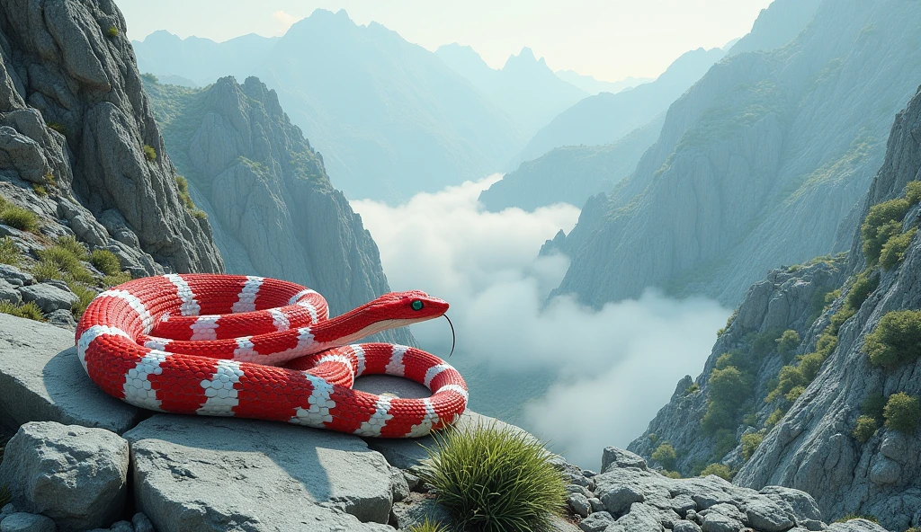 There is white jade ore on the mountain，There are also pit vipers with red and white rings on their bodies（best quality，4K，8k，High level，masterpiece：1.2），Ultra Detailed，（lifelike，Photo real，Photo real：1.37）