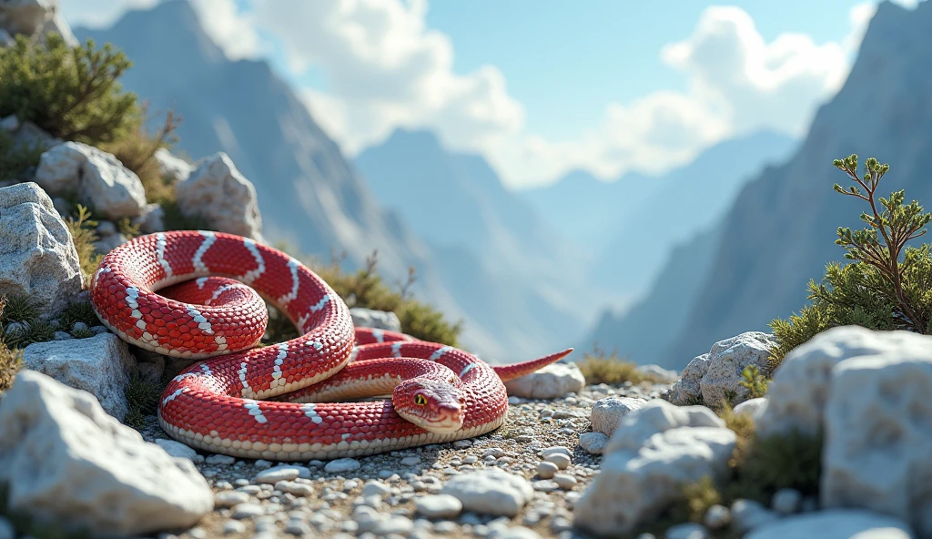 There is white jade ore on the mountain,There are also pit vipers with red and white rings on their bodies(best quality,4K,8k,High level,masterpiece:1.2),Ultra Detailed,(lifelike,Photo real,Photo real:1.37)