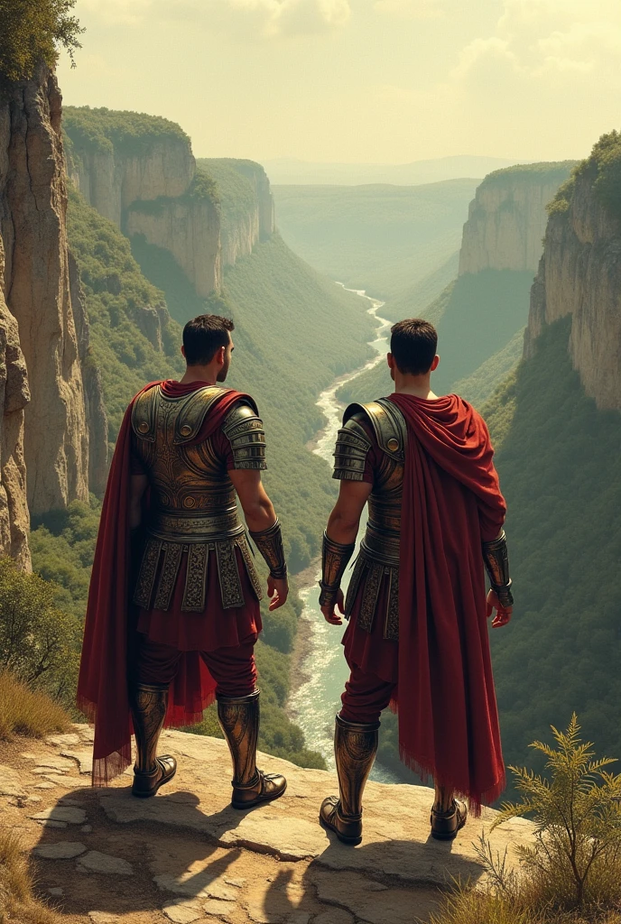 (photorealism:1.2), two Roman warriors in traditional armor, standing side by side with their backs to the viewer. They gaze out over a dramatic cliff edge. Below them, a winding river snakes through a lush valley. To achieve an old book style, think of using sepia tones or muted colors with a textured, hand-drawn quality. You could use hatching or cross-hatching techniques to give the image depth and detail, much like illustrations from historical manuscripts or classic books, book cover style