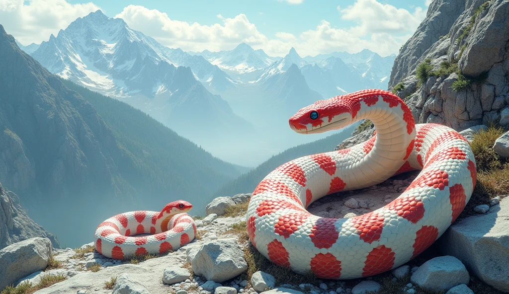There is white jade ore on the mountain，There are also pit vipers with red and white rings on their bodies（best quality，4K，8k，High level，masterpiece：1.2），Ultra Detailed，（lifelike，Photo real，Photo real：1.37）