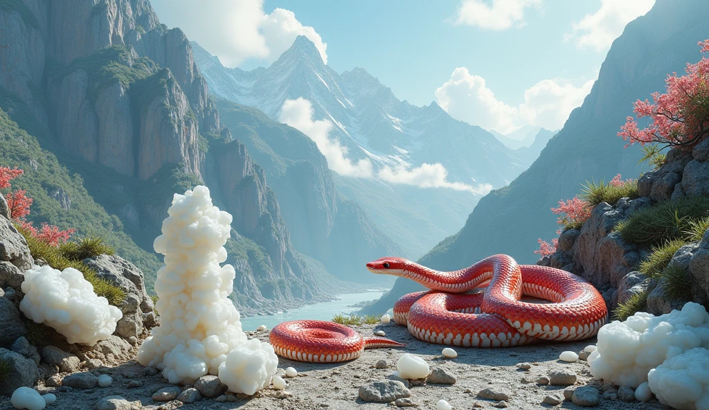 There is white jade ore on the mountain,There are also pit vipers with red and white rings on their bodies(best quality,4K,8k,High level,masterpiece:1.2),Ultra Detailed,(lifelike,Photo real,Photo real:1.37)