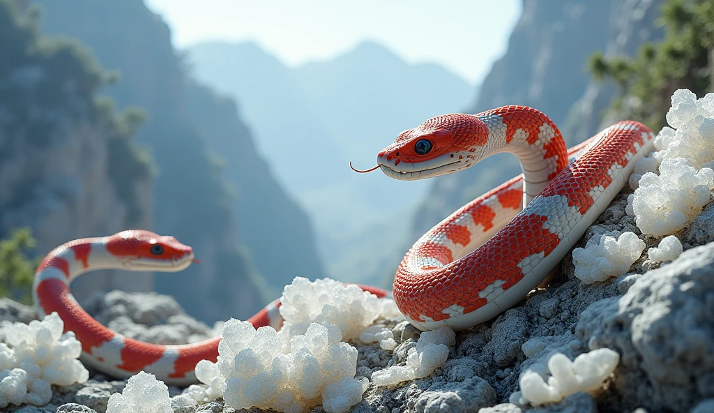 There is white jade ore on the mountain,There are also pit vipers with red and white rings on their bodies(best quality,4K,8k,High level,masterpiece:1.2),Ultra Detailed,(lifelike,Photo real,Photo real:1.37)